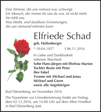 Traueranzeige von Elfriede Schad von Super Sonntag Merseburg
