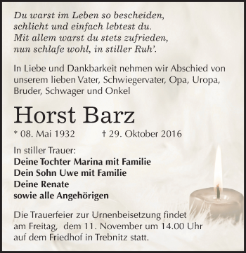 Traueranzeige von Horst Barz von Mitteldeutsche Zeitung Weißenfels
