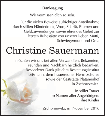 Traueranzeige von Christine Sauermann von WVG - Wochenspiegel Wittenberg