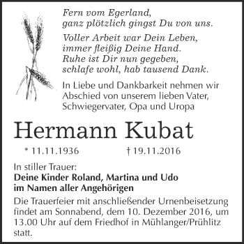 Traueranzeige von Hermann Kubat von WVG - Wochenspiegel Wittenberg