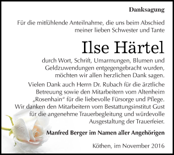 Traueranzeige von Ilse Härtel von WVG - Wochenspiegel Dessau / Köthen
