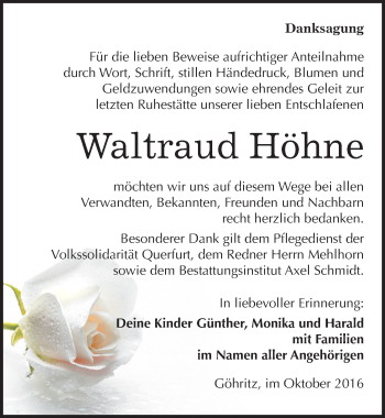 Traueranzeige von Waltraud Höhne von Mitteldeutsche Zeitung Merseburg/Querfurt