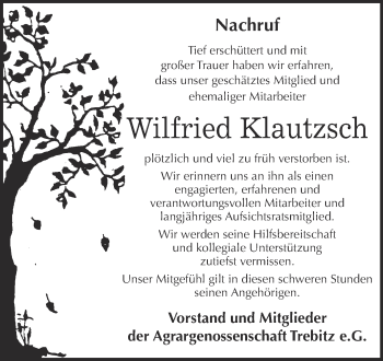 Traueranzeige von Wilfried Klautzsch von WVG - Wochenspiegel Wittenberg
