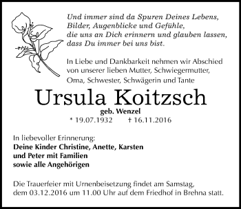 Traueranzeige von Ursula Koitzsch von Mitteldeutsche Zeitung Bitterfeld