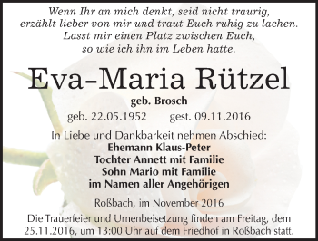 Traueranzeige von Eva Maria Rützel von Mitteldeutsche Zeitung Merseburg/Querfurt