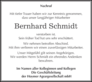 Traueranzeige von Bernhard Schmidt von Super Sonntag Aschersleben