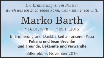 Traueranzeige von Marko Barth von WVG - Wochenspiegel Bitterfeld