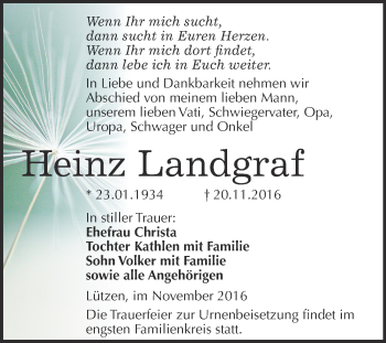 Traueranzeige von Heinz Landgraf von Super Sonntag Merseburg
