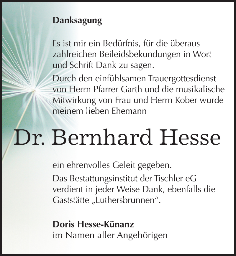 Traueranzeigen von Bernhard Hesse www.abschiednehmen.de