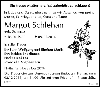 Traueranzeige von Margot Schlehan von Mitteldeutsche Zeitung Weißenfels