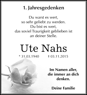 Traueranzeige von Ute Nahs von Mitteldeutsche Zeitung Dessau-Roßlau