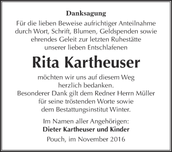 Traueranzeige von Rita Kartheuser von WVG - Wochenspiegel Bitterfeld
