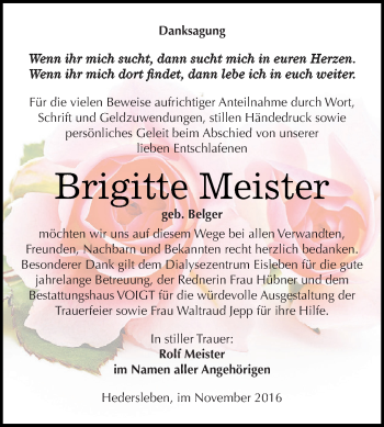 Traueranzeige von Brigitte Meister von Wochenspiegel Mansfelder Land