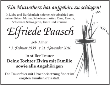Traueranzeige von Elfriede Paasch von WVG - Wochenspiegel Bitterfeld