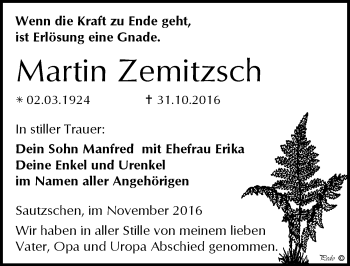 Traueranzeige von Martin Zemitzsch von Mitteldeutsche Zeitung Zeitz