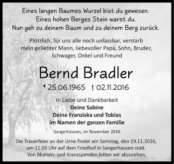 Traueranzeige von Bernd Bradler von Super Sonntag SGH Mansf. Land