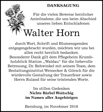 Traueranzeige von Walter Horn von Mitteldeutsche Zeitung Bernburg