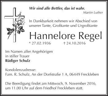 Traueranzeige von Hannelore Regel von Super Sonntag Aschersleben
