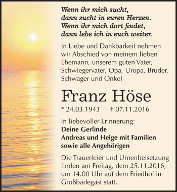 Traueranzeige von Franz Höse von Mitteldeutsche Zeitung Köthen