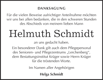 Traueranzeige von Helmuth Schmidt von Super Sonntag Wittenberg