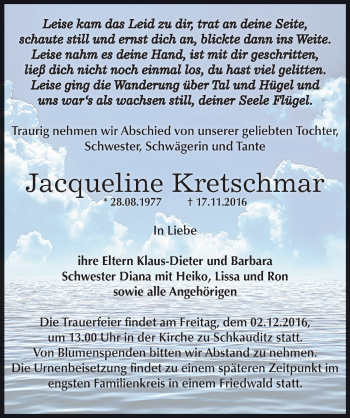 Traueranzeige von Jacqueline Kretschmar von Mitteldeutsche Zeitung Zeitz