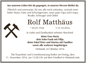 Traueranzeige von Rolf Matthäus von Wochenspiegel Mansfelder Land