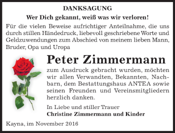 Traueranzeige von Peter Zimmermann von Mitteldeutsche Zeitung Zeitz