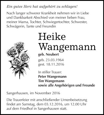 Traueranzeige von Heike Wangemann von Super Sonntag SGH Mansf. Land