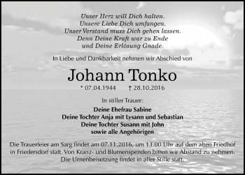Traueranzeige von Johann Tonko von Mitteldeutsche Zeitung Bitterfeld