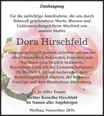Traueranzeige von Dora Hirschfeld von WVG - Wochenspiegel NMB / WSF / ZTZ