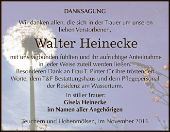 Traueranzeige von Walter Heinecke von WVG - Wochenspiegel NMB / WSF / ZTZ