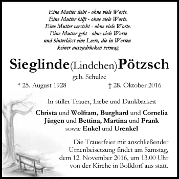 Traueranzeige von Sieglinde Pötzsch von WVG - Wochenspiegel Wittenberg