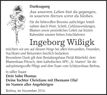Traueranzeige von Ingeborg Wißigk von WVG - Wochenspiegel Bitterfeld