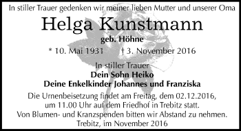 Traueranzeige von Helga Kunstmann von Mitteldeutsche Zeitung Wittenberg