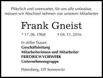 Traueranzeige von Frank Gneist von Mitteldeutsche Zeitung Halle/Saalkreis