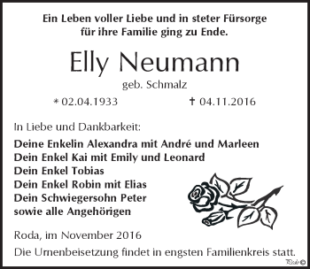 Traueranzeige von Elly Neumann von Mitteldeutsche Zeitung Zeitz