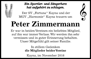 Traueranzeige von Peter Zimmermann von Mitteldeutsche Zeitung Zeitz