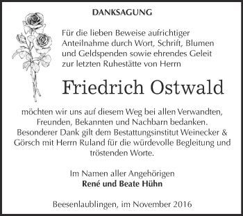 Traueranzeige von Friedrich Ostwald von Super Sonntag Bernburg