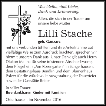 Traueranzeige von Lilli Stache von Super Sonntag SGH Mansf. Land