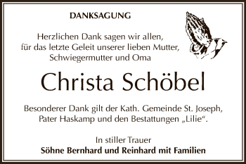Traueranzeige von Christa Schöbel von WVG - Wochenspiegel Dessau / Köthen