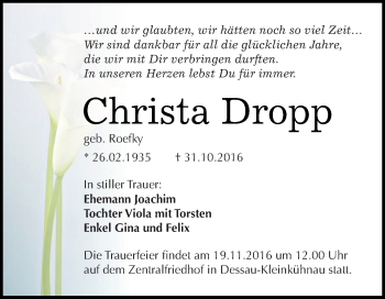Traueranzeige von Christa Dropp von WVG - Wochenspiegel Dessau / Köthen