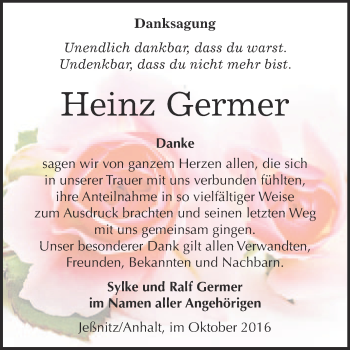 Traueranzeige von Heinz Germer von WVG - Wochenspiegel Bitterfeld