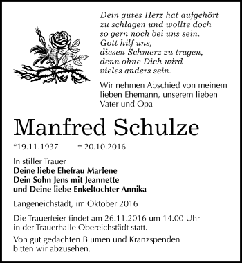 Traueranzeige von Manfred Schulze von Mitteldeutsche Zeitung Merseburg/Querfurt