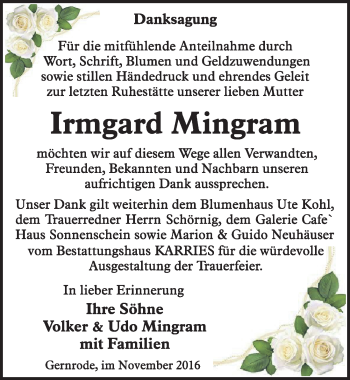 Traueranzeige von Irmgard Mingram von Mitteldeutsche Zeitung Quedlinburg