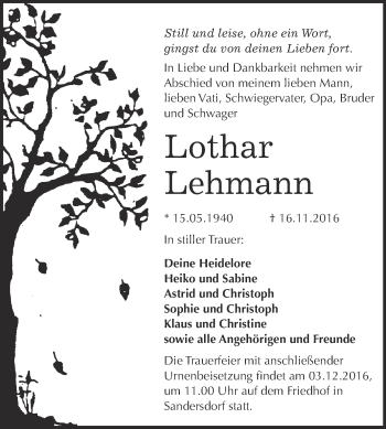 Traueranzeige von Lothar Lehmann von WVG - Wochenspiegel Bitterfeld