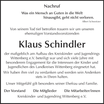 Traueranzeige von Klaus Schindler von Super Sonntag Wittenberg