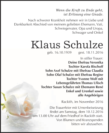 Traueranzeige von Klaus Schulze von Super Sonntag Wittenberg