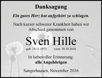 Traueranzeige von Sven Hille von Mitteldeutsche Zeitung Sangerhausen