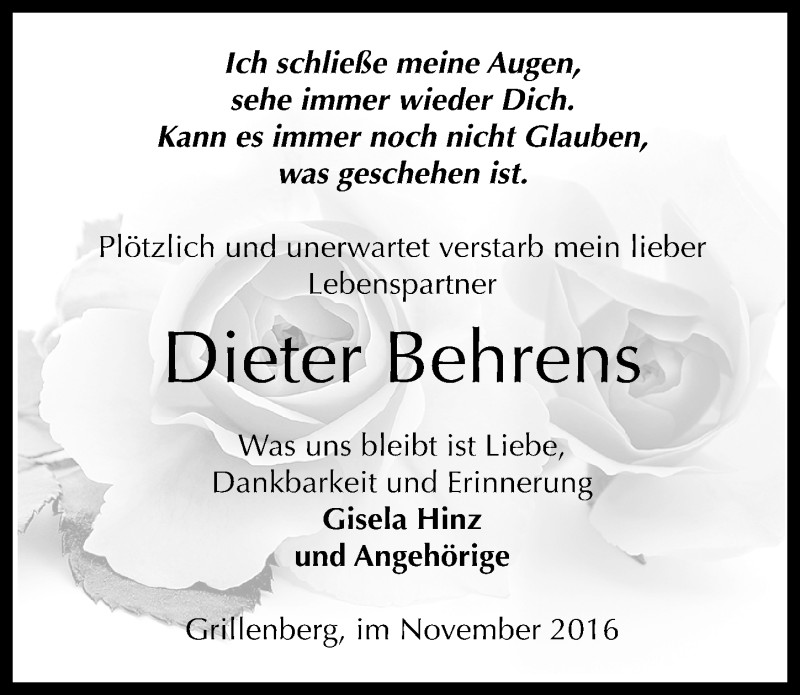  Traueranzeige für Dieter Behrens vom 12.11.2016 aus Mitteldeutsche Zeitung Sangerhausen