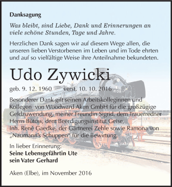 Traueranzeige von Udo Zywicki von Mitteldeutsche Zeitung Köthen